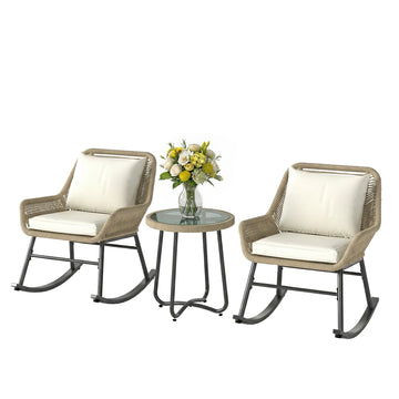 3 Piece Rocking Bistro Set Outdoor Patio Furniture Set with Cushions, Glass Coffee Table for Balcony, Cream White