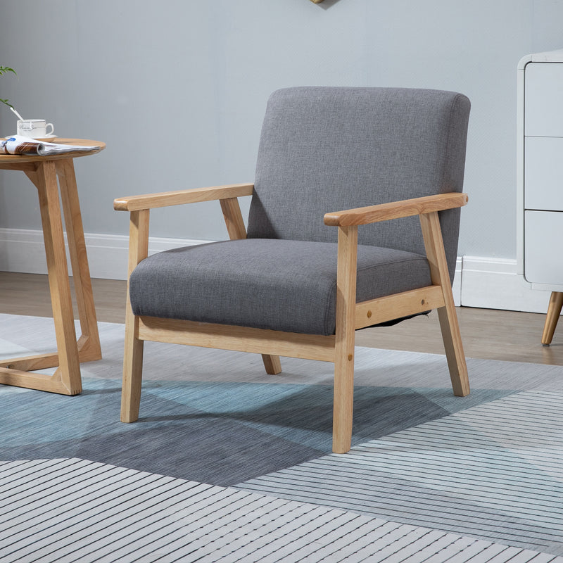 Minimalistic Accent Chairs Wood Frame w/ Thick Linen Cushions Wide Seat Armchair for Bedroom Office, Grey