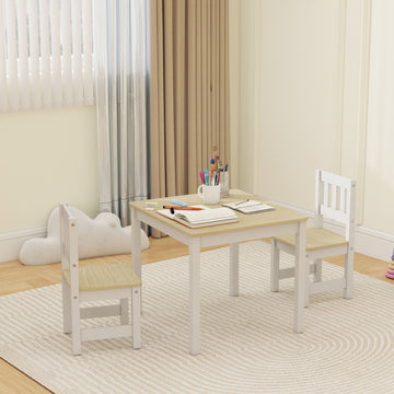 Qaba Kids Table and Chairs Set, Toddler Table and 2 Chair Set for Activity, Art, Craft, Reading, Learning, Natural