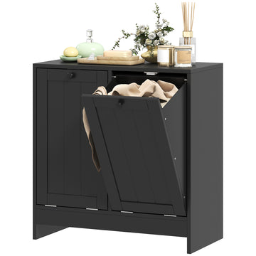 Tilt-Out Laundry Storage Cabinet, Modern Laundry Hamper with 2 Compartments for Bathroom Washroom, Black