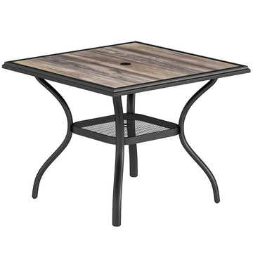 Outdoor Dining Table for 4, Square Patio Table with Umbrella Hole, Shelf, Faux Wood Top for Garden, Backyard, Grey