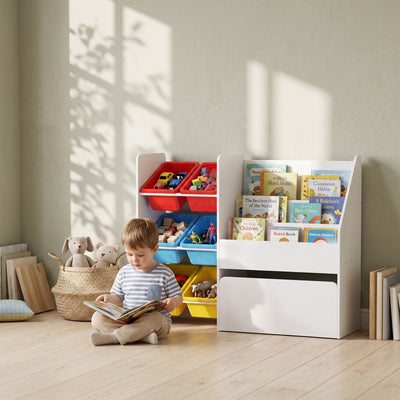 Qaba Kids Bookshelf and Toy Storage, 3-Tier Bookcase with 6 Removable Bins and Box for Toddler Nursery Playroom, Multi