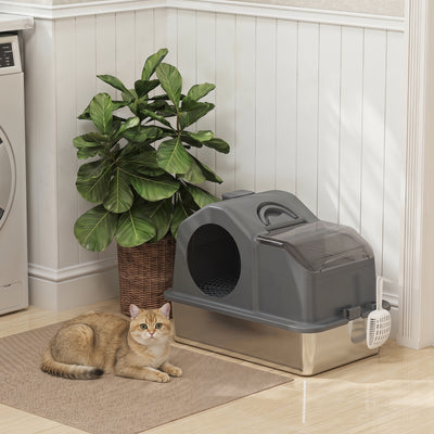 Extra Large Stainless Steel Cat Litter Box w/ High Sided, Removable Lid, Scoop, Odor Free, Non-Sticky, Dark Grey
