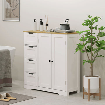 Freestanding Bathroom Floor Cabinet, Modern Bathroom Cabinet with Adjustable Shelf, 4 Drawers and 2 Doors, White