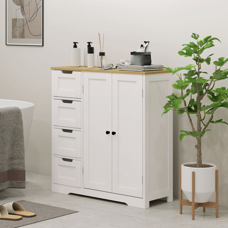 Freestanding Bathroom Floor Cabinet, Modern Bathroom Cabinet with Adjustable Shelf, 4 Drawers and 2 Doors, White