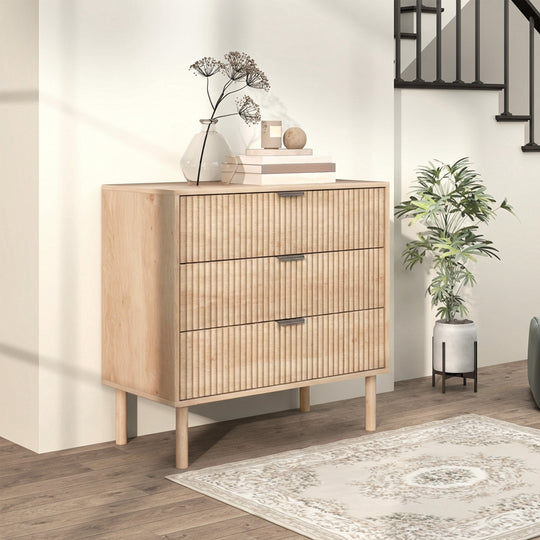 Bedroom Chest of Drawers, 3 Drawer Dresser with Fluted Panels and Solid Wood Legs, Storage Cabinet for Living Room, Oak