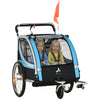 2 Seat Bike Trailer for Kids 2-in-1 Double Baby Stroller with Handbrake, Rubber Wheels, 5 Point Harness, Waterproof Cover, Storage Bag, Reflectors, Blue