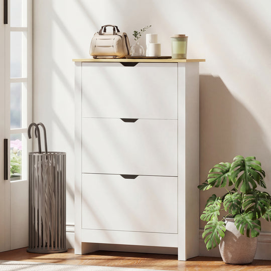 Shoe Storage Cabinet with 3 Flip Drawers and Adjustable Shelves for 9-18 Pairs of Shoes, White