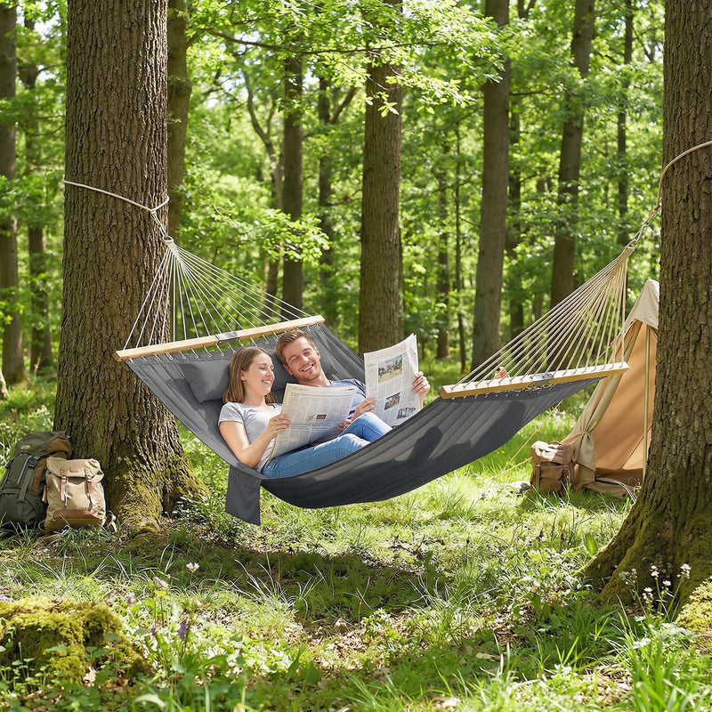 Outdoor Hammock Padded Camping Hammock with Pillow & Spreader Bars 200 x 140 cm Grey