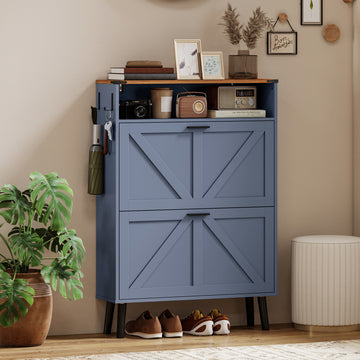 Shoe Storage Cabinet with 2 Flip Drawers, Farmhouse Narrow Shoe Cabinet, Holds Up to 16 Pairs, Blue
