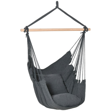 Hammock Chair Swing Hanging Macrame Chair Cotton w/ Two Soft Seat Cushions, for Bedroom Indoor Outdoor Ideal Gift for Kids Lover Birthday Present, Dark Grey