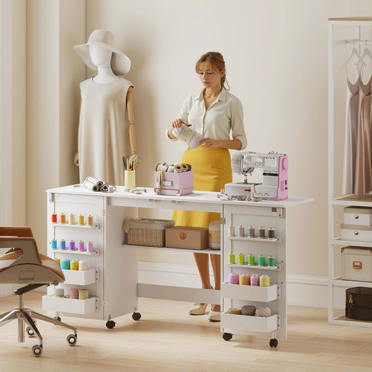 Folding Craft Table, Rolling Sewing Machine Table with Magnetic Doors, Bins, Pegs, Storage Shelf, Lockable Wheels, White