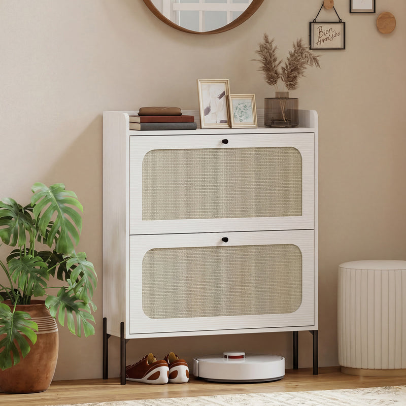 Shoe Cabinet with 2 Flip Drawers, Boho Narrow Shoe Storage Cabinet, White