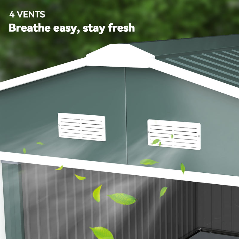 11' x 13'Garden Storage Shed w/ Foundation Kit Metal Tool Storage House w/ Double Doors, Green