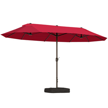 15' Outdoor Patio Umbrella with Twin Canopy Sunshade Steel Table Umbrella with Lift Crank, Cross base, Sandbag, Wine Red