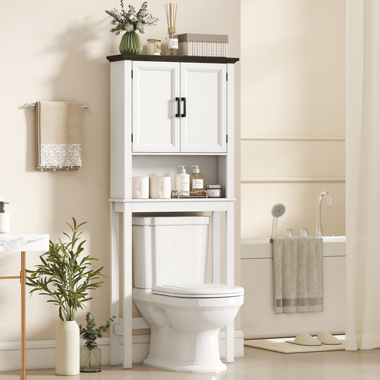 Over The Toilet Storage, Bathroom Cabinet Over Toilet with Open Shelf and Adjustable Bottom Bar, White