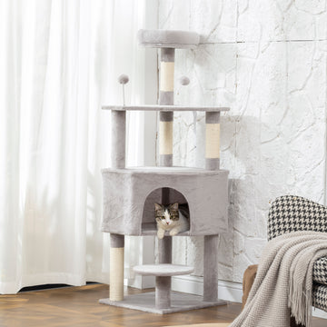 54 Inch Cat Tree with Large Condo, Top Perch, Sisal Scratching Posts, Dangling Toy Ball,Light Grey
