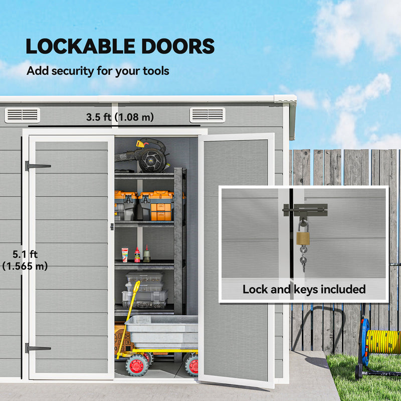8' x 4' Resin Outdoor Storage Shed with Floor, Window, Lockable Doors and Vents for Backyard Patio Lawn, Light Grey