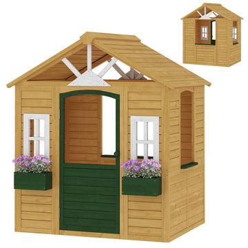 Qaba Outdoor Playhouse, Wooden Kids Playhouse with Door, 3 Windows, 2 Flower Boxes for Garden, Indoor Playroom, Ages 3–8, Brown