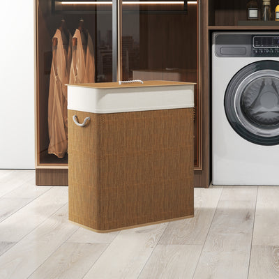 Double Laundry Basket with Lid, 100L Bamboo Laundry Hamper with Rope Handles and Removable Bags, Brown