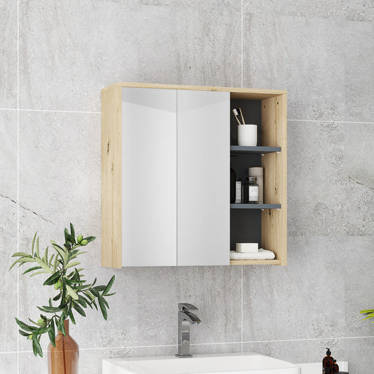 Wall Mount Medicine Cabinet with Mirror, Bathroom Cabinet Storage Organizer with 2 Doors, Cupboards and Shelves, Natural