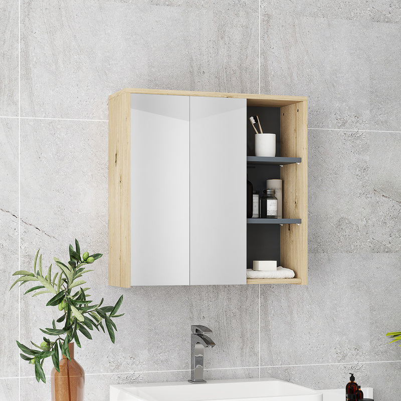 Wall Mount Medicine Cabinet with Mirror, Bathroom Cabinet Storage Organizer with 2 Doors, Cupboards and Shelves, Natural