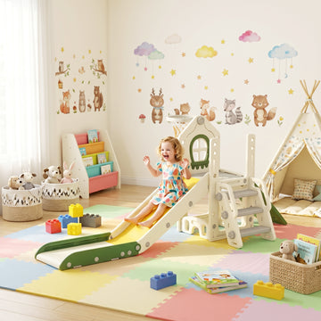Qaba Foldable 4 in 1 Toddler Slide with Climber, Basketball Hoop, Storage Space and Basketball for Ages 1-3 Years, Cream