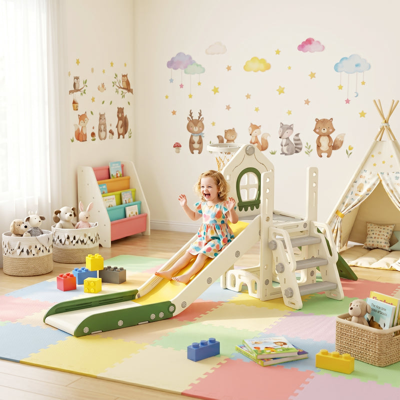 Qaba Foldable 4 in 1 Toddler Slide with Climber, Basketball Hoop, Storage Space and Basketball for Ages 1-3 Years, Cream
