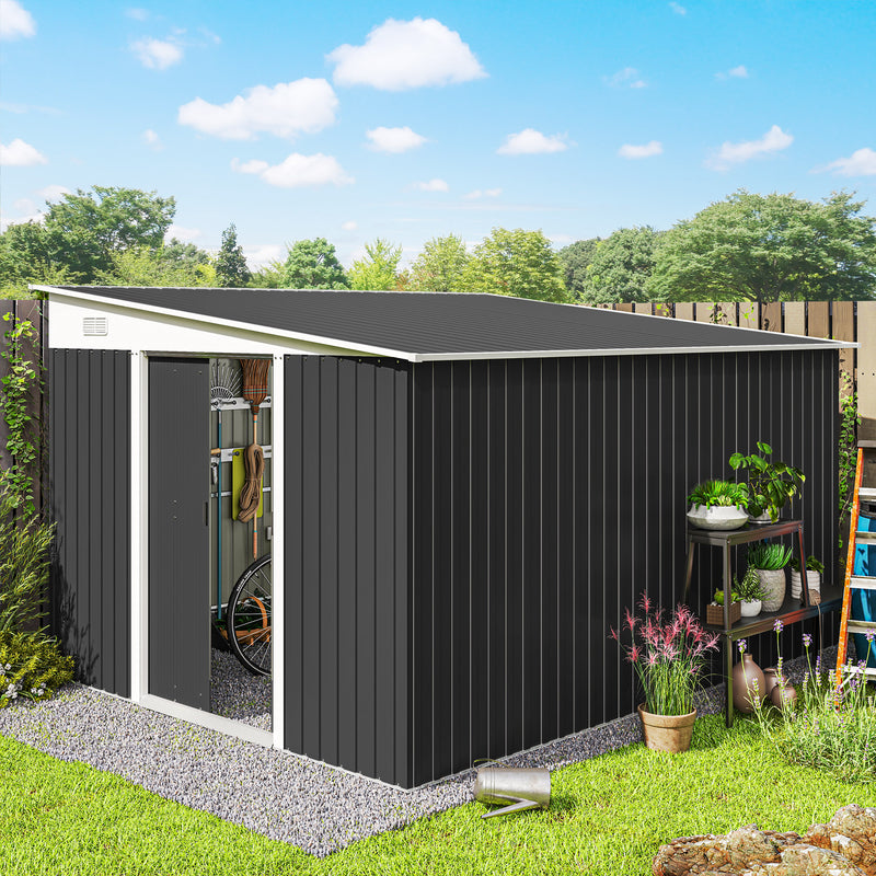 11' x 9' Steel Garden Storage Shed, Outdoor Metal Tool House with Double Sliding Doors & 2 Air Vents, Dark Grey