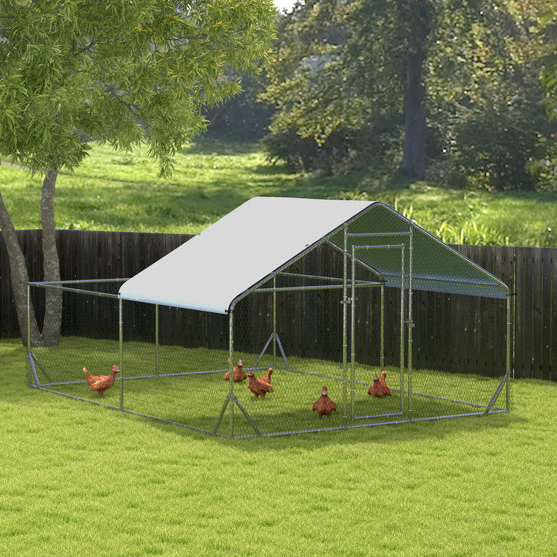 Chicken Run, 23' x 6.6' Metal Chicken Coop with Waterproof and Anti-UV Cover, Spire Roof, Door, for 12-14 Chickens, Ducks, Rabbits, Sliver