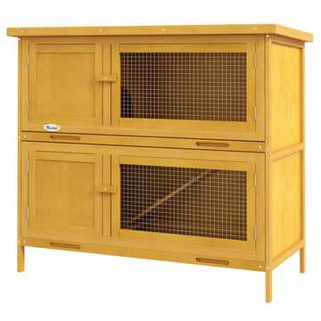 Wood Rabbit Hutch with 2 Large Main House, Ramp, Trays, Yellow