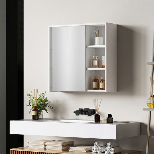 Bathroom Medicine Cabinet with Mirror, Wall Mount Mirror Cabinet with Open Shelves, White Wood Grain