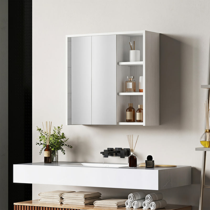 Bathroom Medicine Cabinet with Mirror, Wall Mount Mirror Cabinet with Open Shelves, White Wood Grain