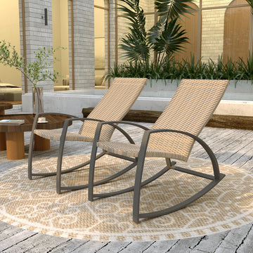 2 Pieces Wicker Patio Rocking Chair Set, Rattan Outdoor Rocking Chair Set with High Back, Armrests for Garden, Khaki