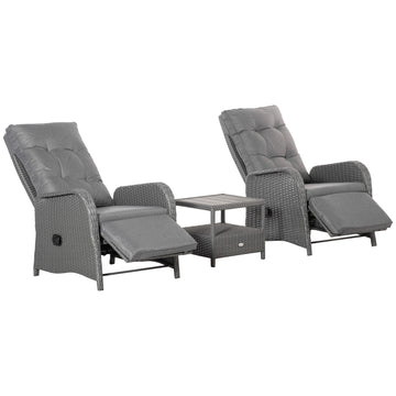 3 Pieces Patio Wicker Bistro Set, PE Rattan Coffee Table & Adjustable Recline Chairs Furniture Set with Cushions and Wood Grain Plastic Top