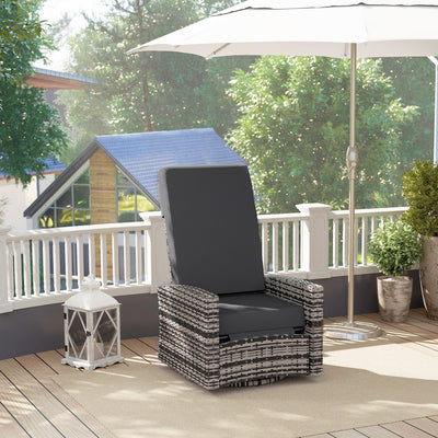 Fauteuil de détente extérieur en rotin tressé avec repose-pieds et coussin moelleux pour patio, jardin, gris