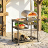 Outdoor Grill Cart, BBQ Stand, Three-Shelf Pizza Oven Stand with Hooks, Garbage Bag Holder, Wheels, Black