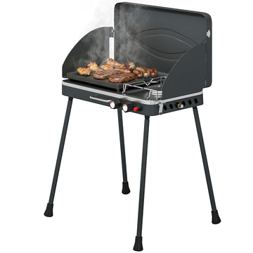 2-in-1 Camping Stove & Gas Griddle Combo, 20,000 BTU Portable Propane Grill with Detachable Legs, Wind Guards, Black