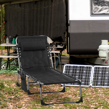 Folding Chaise Lounge Chair, Outdoor Padded Reclining Chair with 5-position Adjustable Backrest, Pillow and Pocket for Patio, Deck, Beach, Lawn and Sunbathing, Black