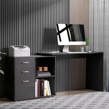 L-Shaped Corner Straight Writing Desk with Storage Shelf, Drawer, Home Office PC Table Computer Workstation, Black