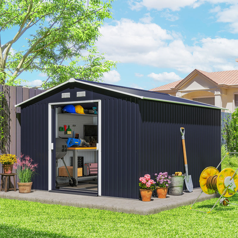 11' x 9' Metal Storage Shed Garden Tool House with Double Sliding Doors, 4 Air Vents for Backyard, Patio, Lawn Dark