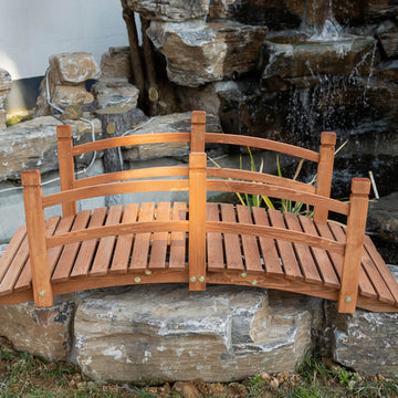 5FT Wooden Garden Bridge Classic Arc Footbridge with Guardrails for Stream Pond Walkway, Orange