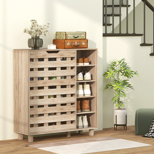 Shoe Cabinet, 21 Pair Shoe Storage Cabinet Organizer with 5-tier Double Door Cabinet and 5-tier Open Shelves, Beige