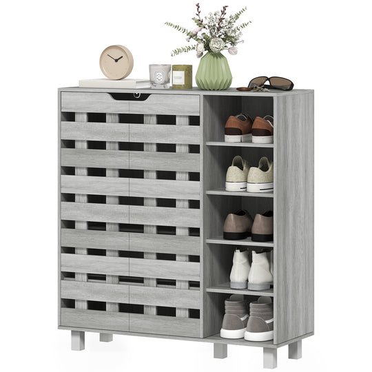 Shoe Cabinet, 21 Pair Shoe Storage Cabinet Organizer with 5-tier Double Door Cabinet and 5-tier Open Shelves, Light Grey
