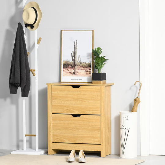Shoe Storage Cabinet with 2 Flip Drawers and Adjustable Shelves for 12 Pairs of Shoes, Natural Wood
