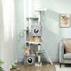 65 Inch Cat Tree with 2 Doors Condos, Plush Top Perch, Hammock, Sisal Scratching Posts, 4 Pompoms, Ramp, Grey