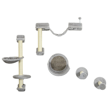 5PCs Cat Wall Shelves with Hammock, Scratching Posts, Perches, Ladder, for Indoor Cats, Light Grey