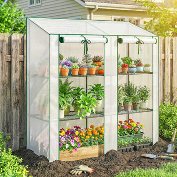 Portable Mini Greenhouse Green House with 3 Tier Shelves, Reinforced PE Cover, Roll-up Doors, 56.3