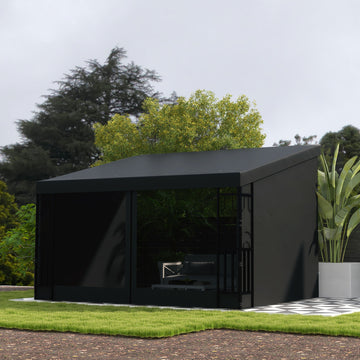 10' x 13' Outdoor Pergola, Wall Mounted Hardtop Lean-to Gazebo with 2 Curtains and 2 Nettings, UV Resistant, for Patio, Deck