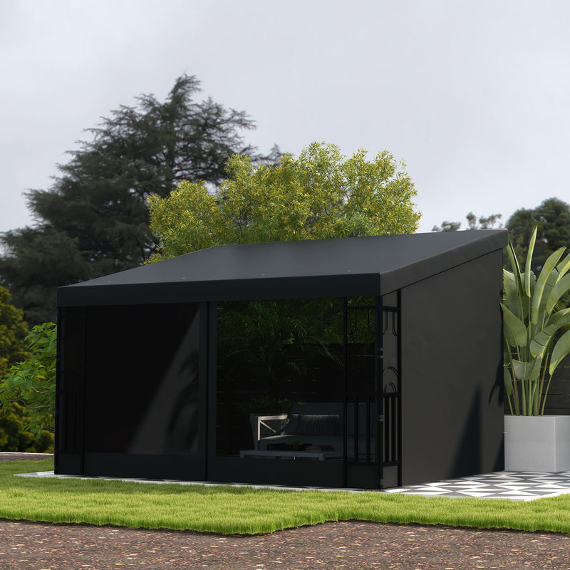 10' x 13' Outdoor Pergola, Wall Mounted Hardtop Lean-to Gazebo with 2 Curtains and 2 Nettings, UV Resistant, for Patio, Deck
